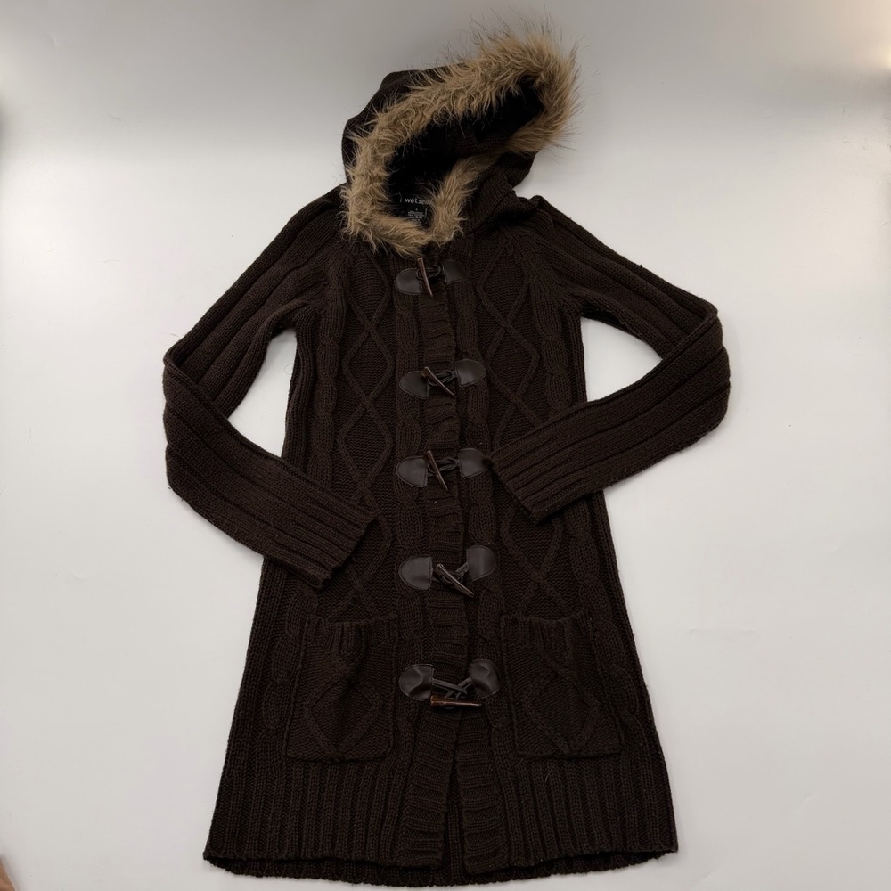 Wet Seal Y2K Vintage Brown Cable Knit Long Sweater Cardigan Faux Fur Hood Small